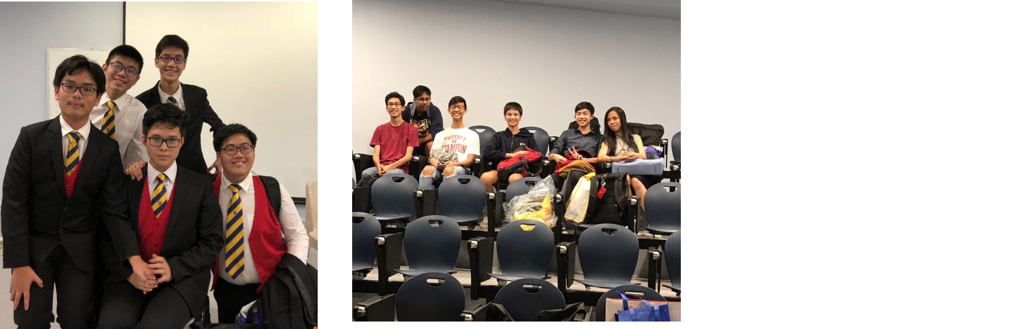 Five young men in suits and ties pose together, beside a group of six students seated in a lecture hall.